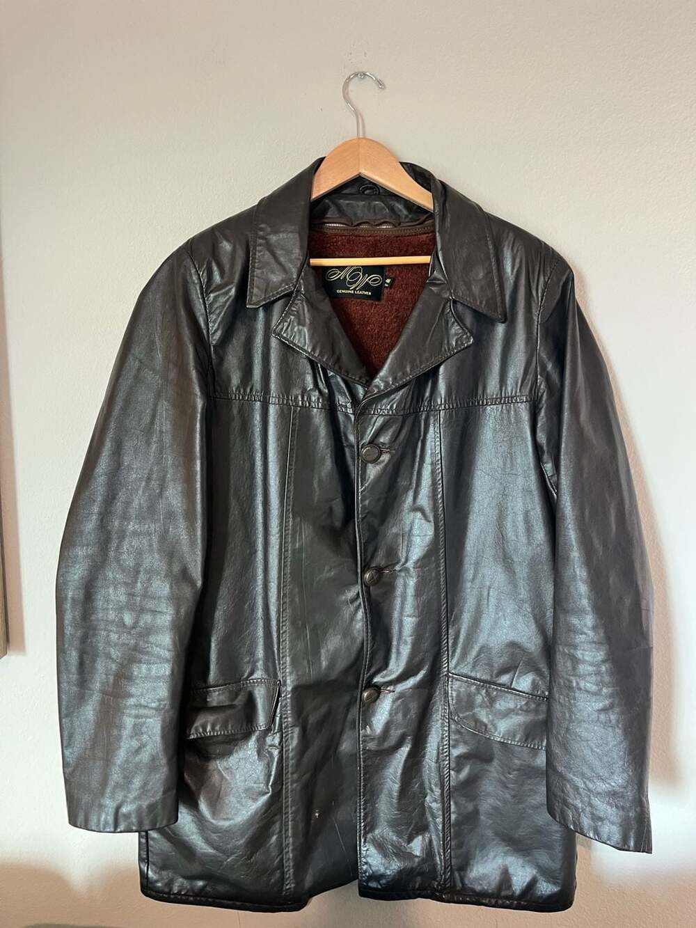 Montgomery Ward Vintage Genuine Leather Jacket,40 Tall, Brown,Rem. Fleece Lining